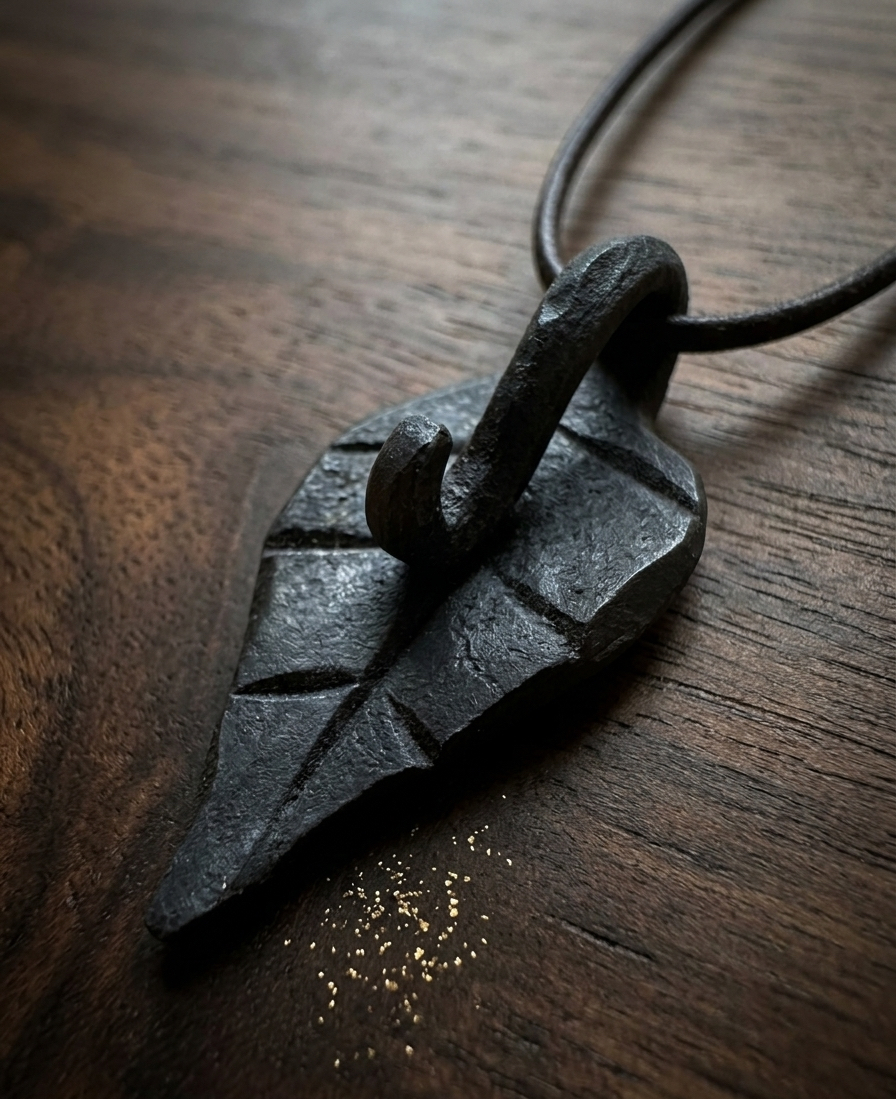 Forged iron leaf pendant on leather cord
