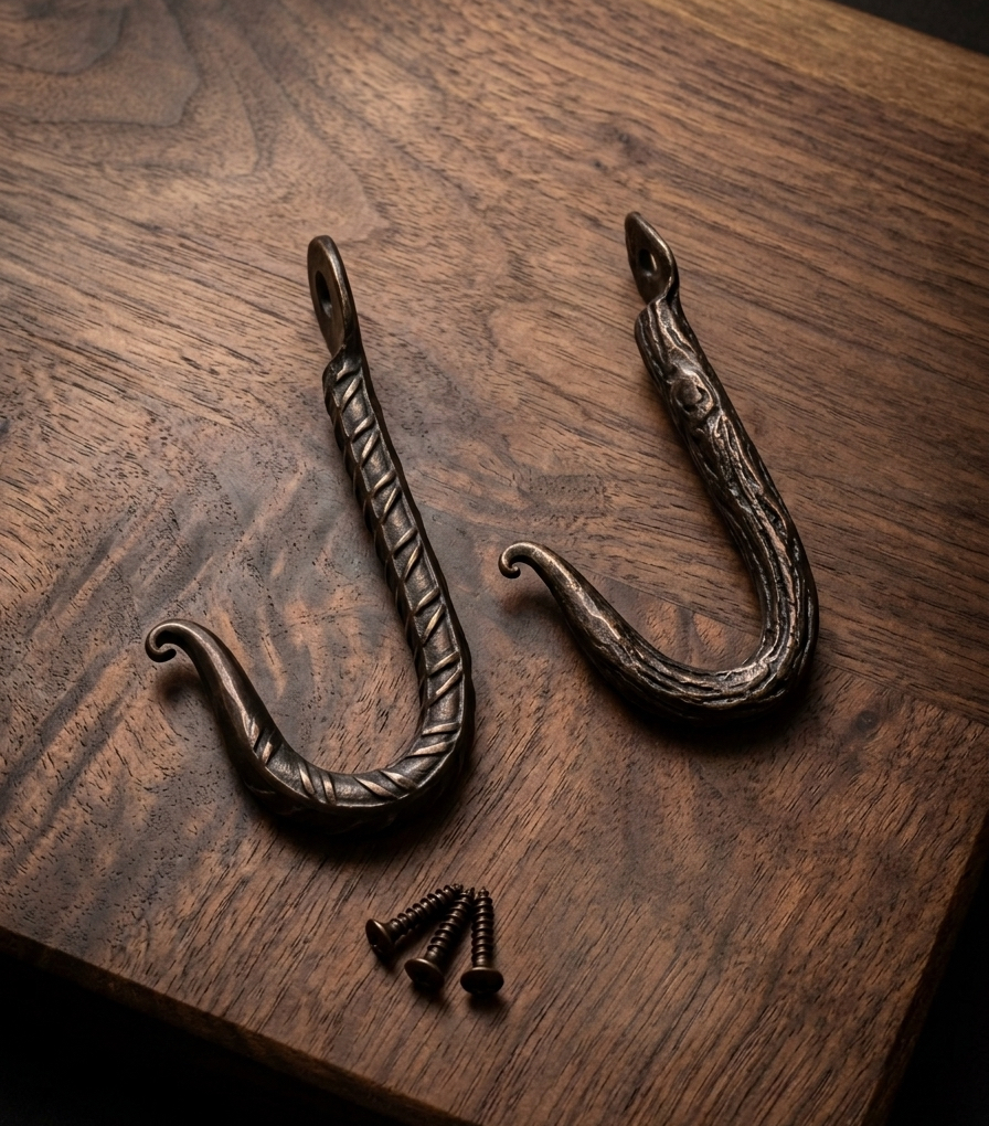 Pair of twisted iron coat hooks on walnut